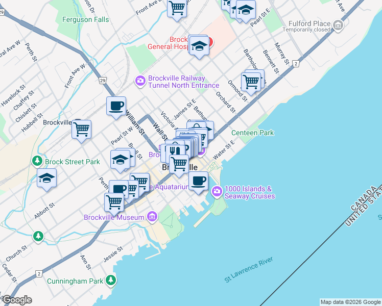 map of restaurants, bars, coffee shops, grocery stores, and more near 12 King Street West in Brockville