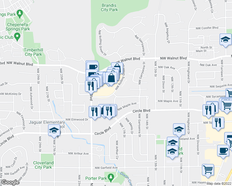 map of restaurants, bars, coffee shops, grocery stores, and more near 2300 Northwest Rolling Green Drive in Corvallis