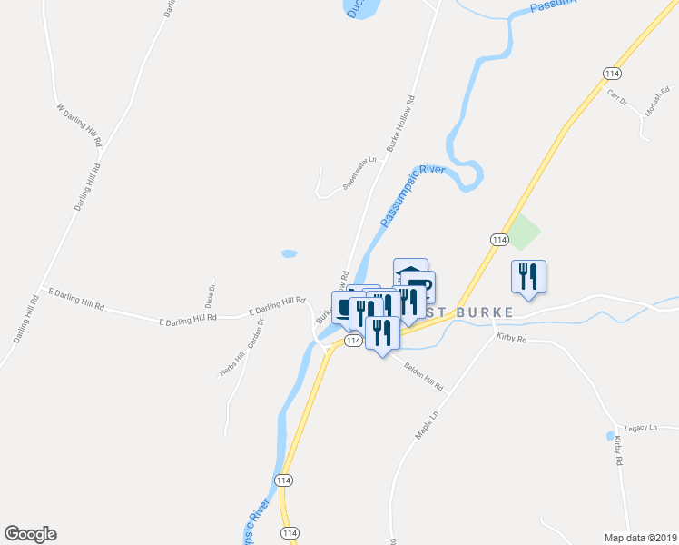 map of restaurants, bars, coffee shops, grocery stores, and more near 143 Burke Hollow Road in Burke