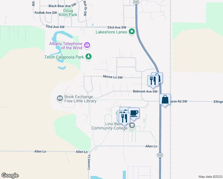 map of restaurants, bars, coffee shops, grocery stores, and more near 1301 Belmont Avenue Southwest in Albany