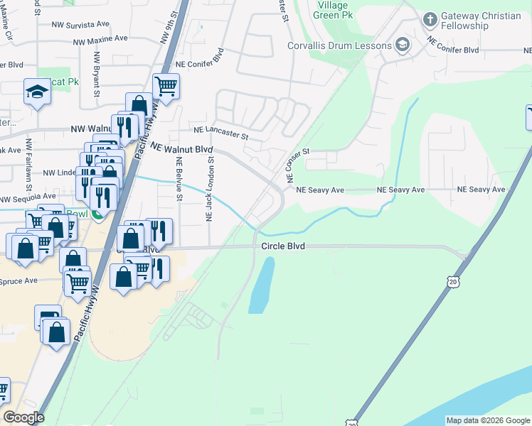 map of restaurants, bars, coffee shops, grocery stores, and more near 980 Northeast Walnut Boulevard in Corvallis