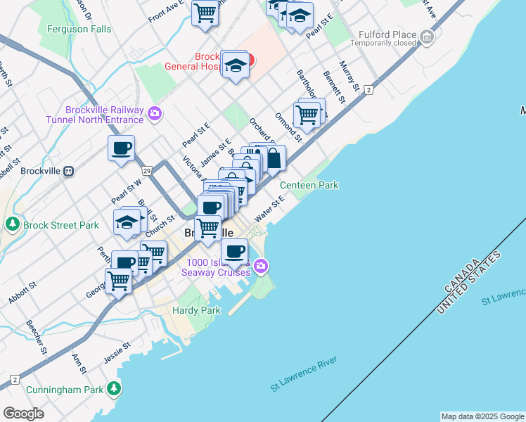 map of restaurants, bars, coffee shops, grocery stores, and more near 20 Water St E in Brockville