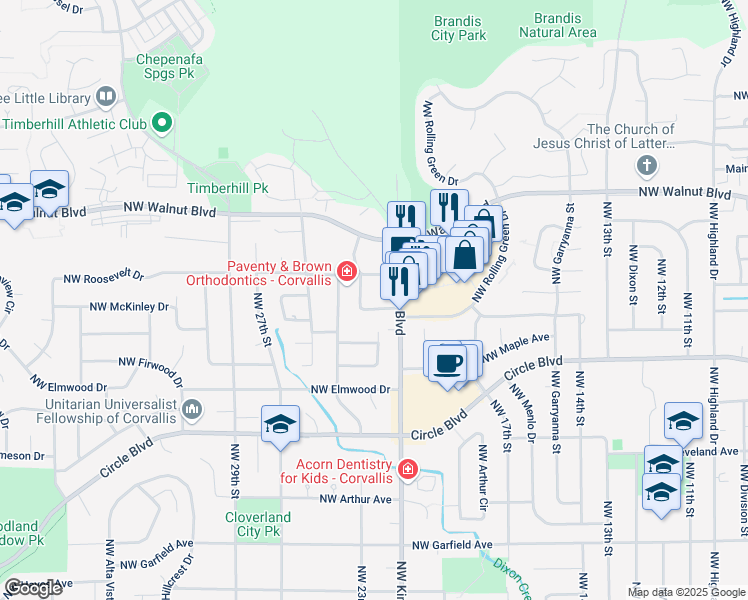 map of restaurants, bars, coffee shops, grocery stores, and more near 2358 Northwest Kings Boulevard in Corvallis