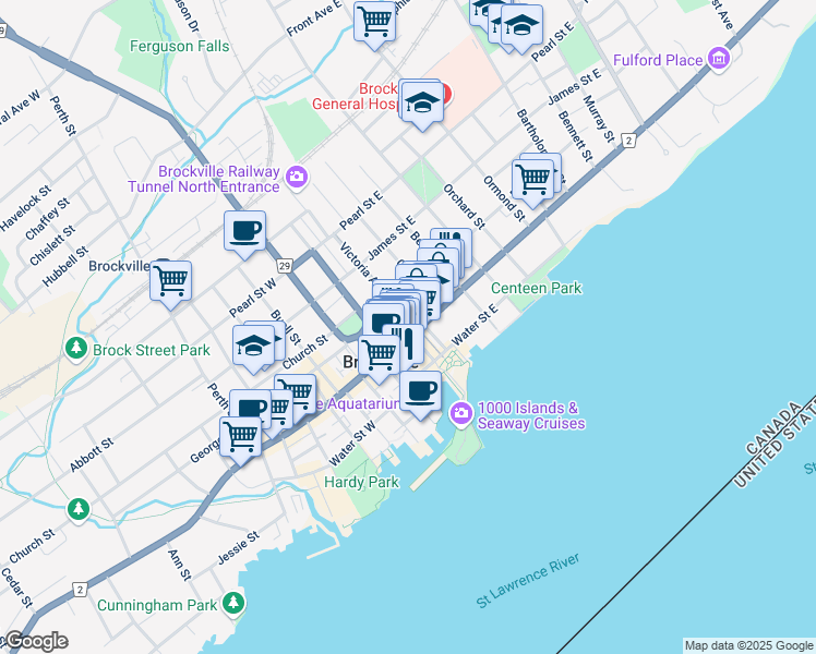map of restaurants, bars, coffee shops, grocery stores, and more near in Brockville