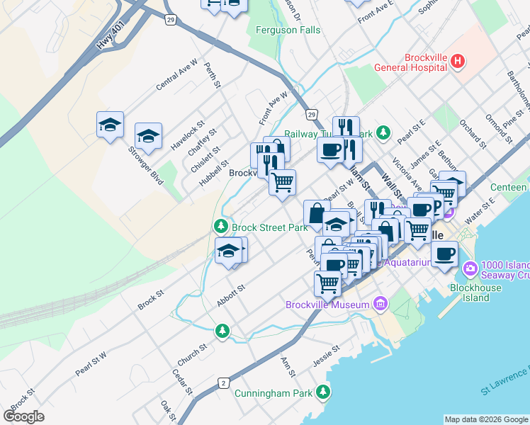 map of restaurants, bars, coffee shops, grocery stores, and more near in Brockville