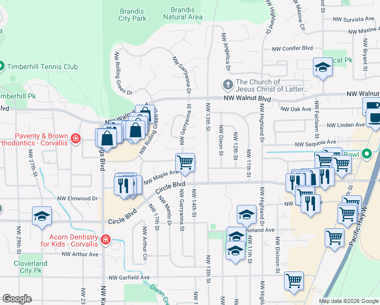 map of restaurants, bars, coffee shops, grocery stores, and more near 1450 Northwest Terracegreen Place in Corvallis