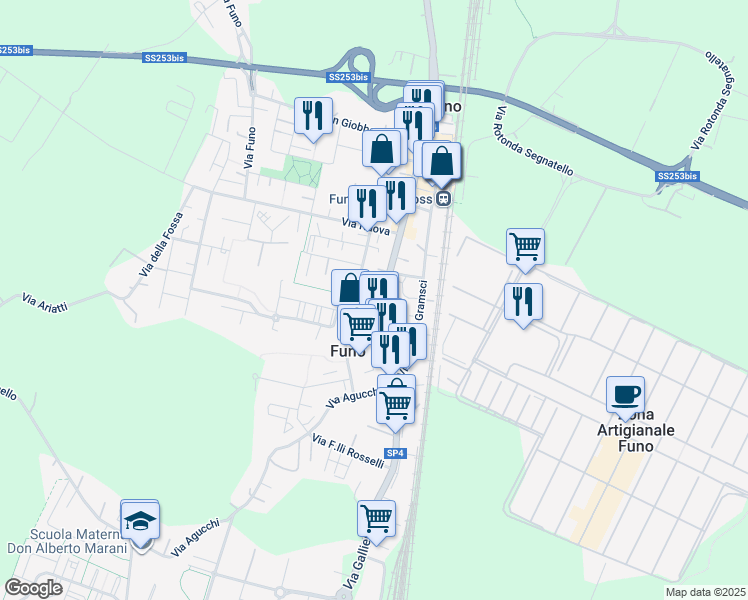 map of restaurants, bars, coffee shops, grocery stores, and more near 92 Via Antonio Vivaldi in Funo