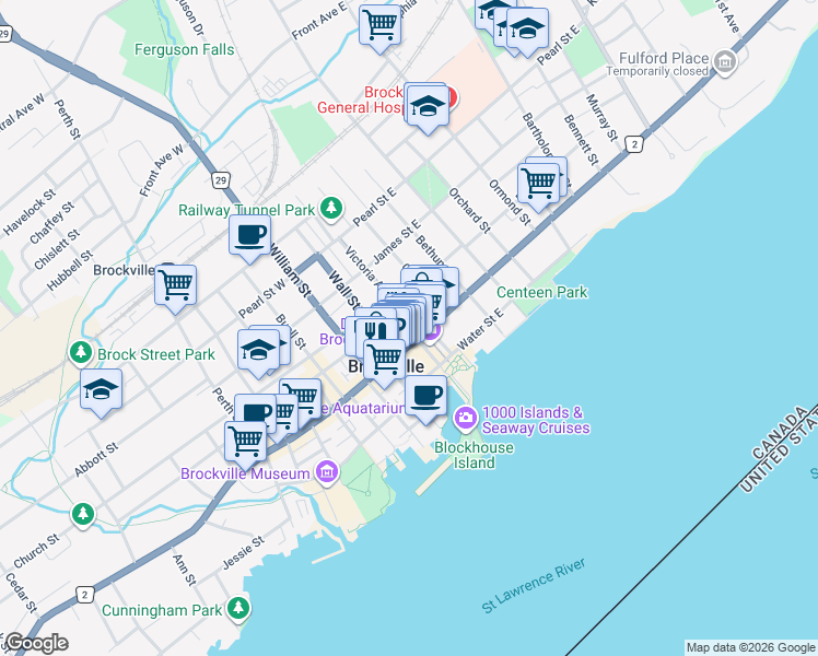 map of restaurants, bars, coffee shops, grocery stores, and more near 48 Leeds and Grenville 2 in Brockville