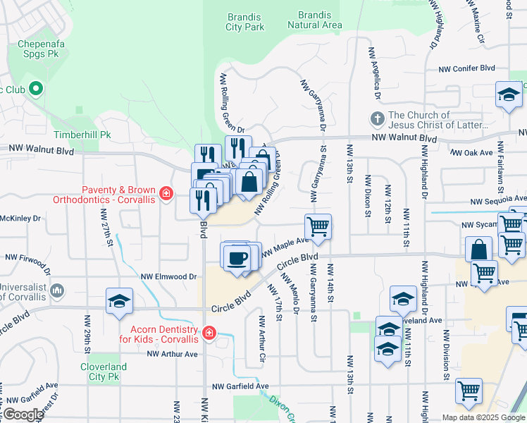 map of restaurants, bars, coffee shops, grocery stores, and more near 2300 Northwest Rolling Green Drive in Corvallis