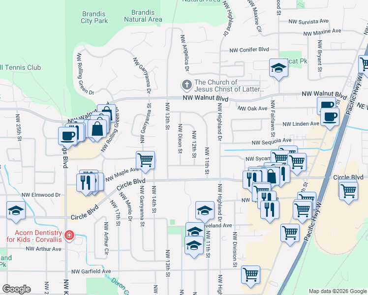 map of restaurants, bars, coffee shops, grocery stores, and more near 2237 Northwest Dixon Street in Corvallis