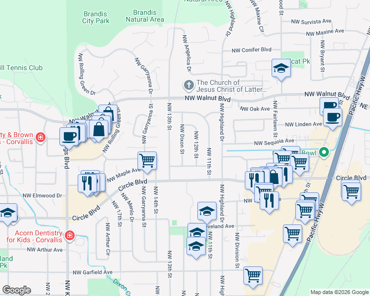 map of restaurants, bars, coffee shops, grocery stores, and more near 2237 Northwest Dixon Street in Corvallis