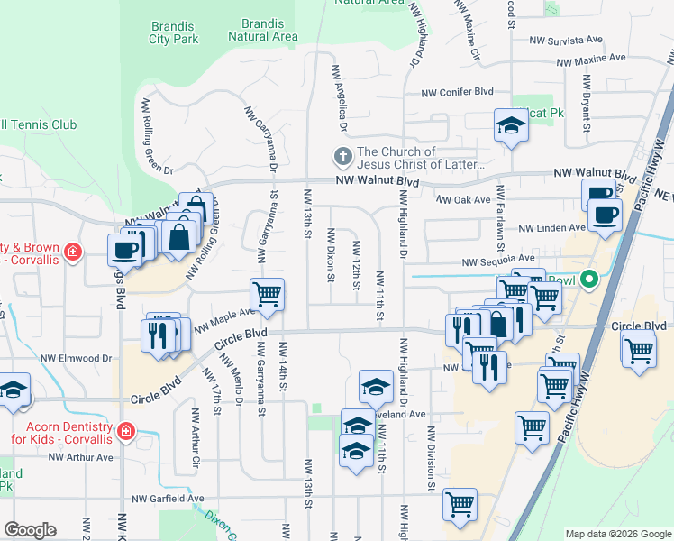 map of restaurants, bars, coffee shops, grocery stores, and more near 2237 Northwest Dixon Street in Corvallis