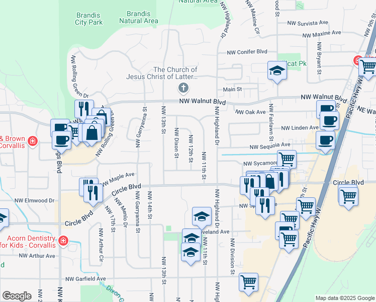 map of restaurants, bars, coffee shops, grocery stores, and more near 2240 Northwest 12th Street in Corvallis