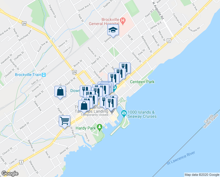 map of restaurants, bars, coffee shops, grocery stores, and more near 2 Brockville Railway Tunnel in Brockville