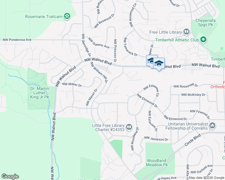 map of restaurants, bars, coffee shops, grocery stores, and more near 2267 Northwest Nightingale Place in Corvallis