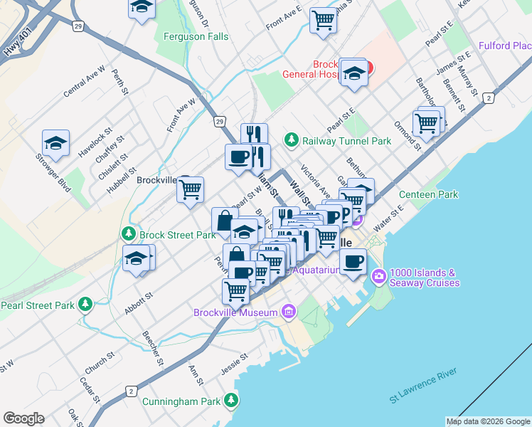 map of restaurants, bars, coffee shops, grocery stores, and more near 61 Buell Street in Brockville