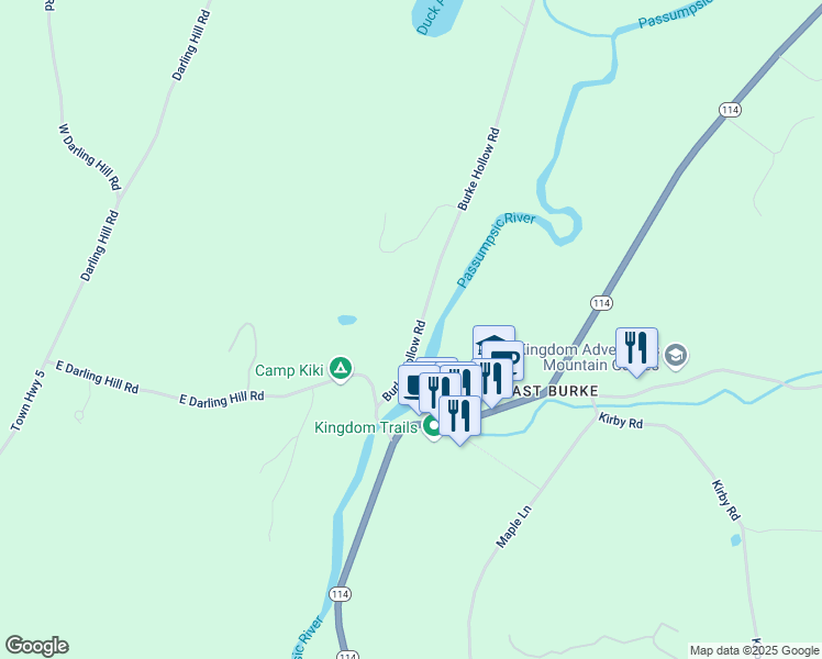map of restaurants, bars, coffee shops, grocery stores, and more near 143 Burke Hollow Road in Burke