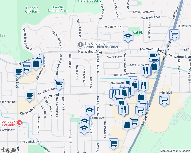 map of restaurants, bars, coffee shops, grocery stores, and more near 2225 Northwest Highland Drive in Corvallis