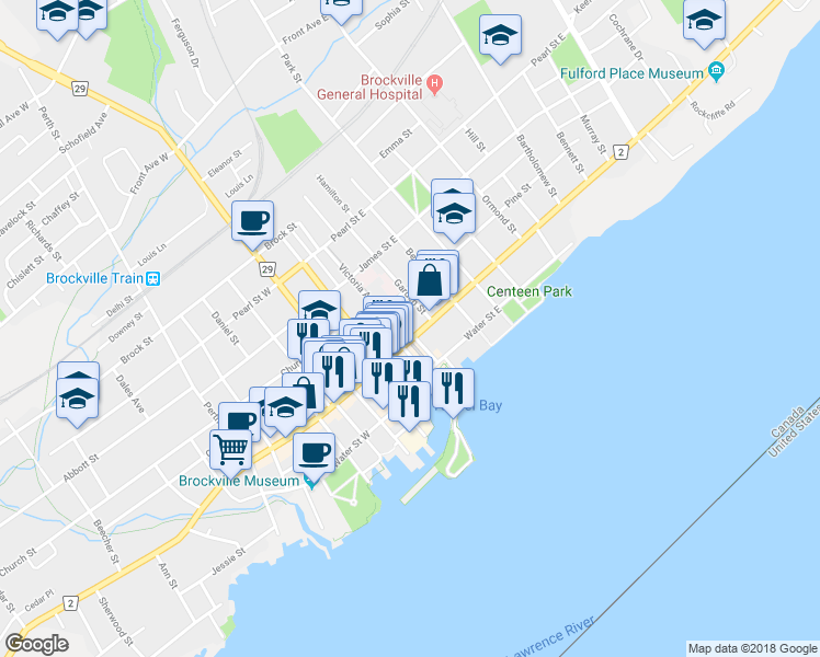 map of restaurants, bars, coffee shops, grocery stores, and more near in Brockville