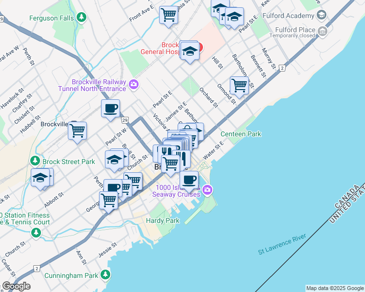 map of restaurants, bars, coffee shops, grocery stores, and more near 12 Brockville Railway Tunnel in Brockville