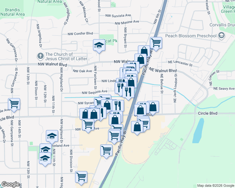 map of restaurants, bars, coffee shops, grocery stores, and more near 910 Northwest Sequoia Avenue in Corvallis