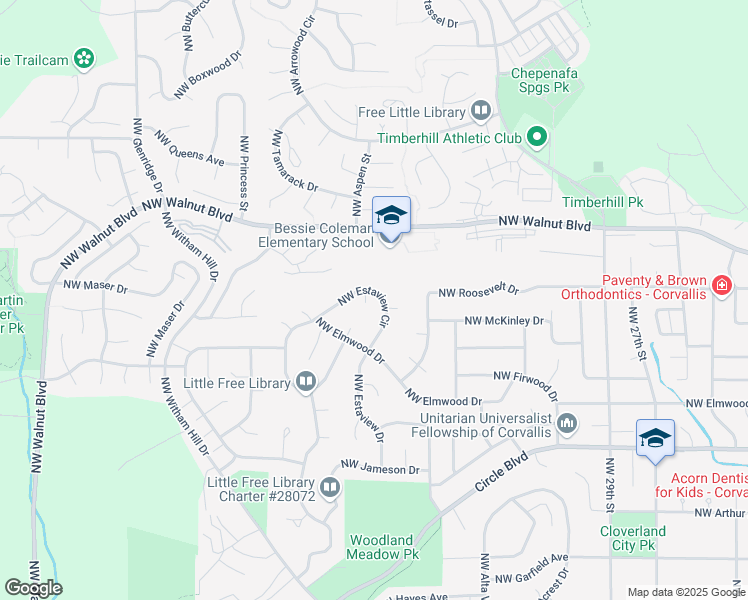 map of restaurants, bars, coffee shops, grocery stores, and more near 2346 Northwest Estaview Circle in Corvallis