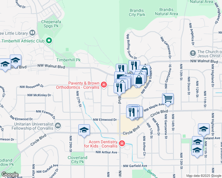 map of restaurants, bars, coffee shops, grocery stores, and more near 2358 Northwest Kings Boulevard in Corvallis