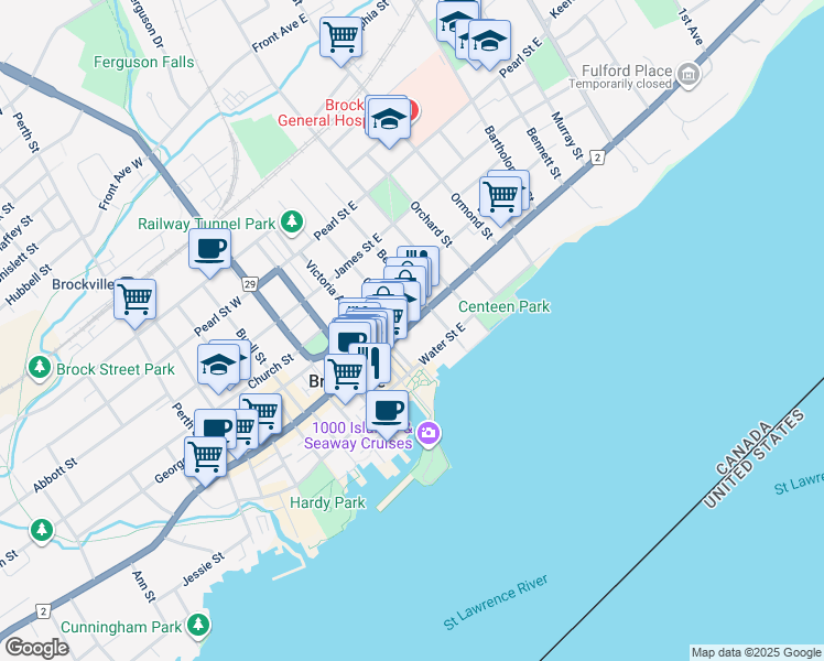 map of restaurants, bars, coffee shops, grocery stores, and more near in Brockville