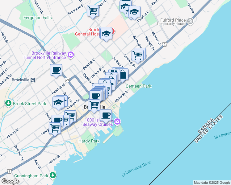 map of restaurants, bars, coffee shops, grocery stores, and more near 20 Water Street East in Brockville