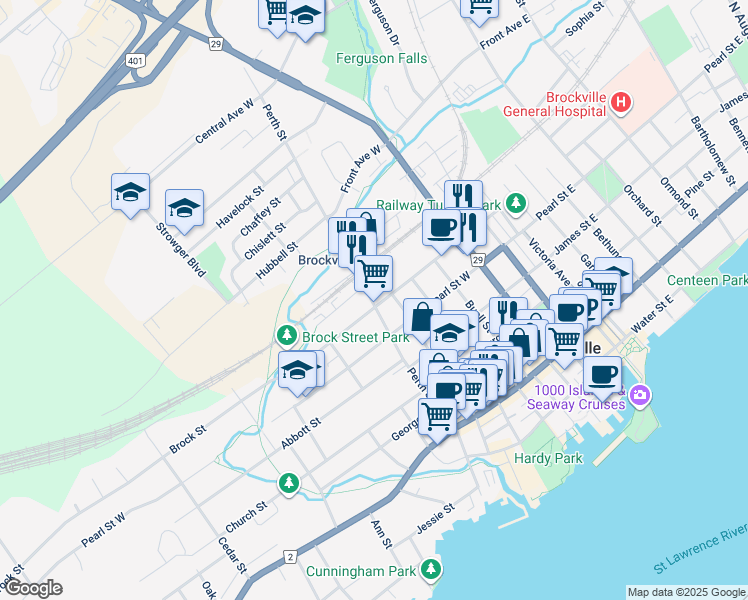 map of restaurants, bars, coffee shops, grocery stores, and more near 122 Brock Street in Brockville