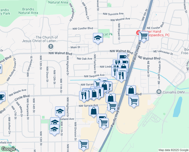 map of restaurants, bars, coffee shops, grocery stores, and more near Northwest Sequoia Avenue in Corvallis