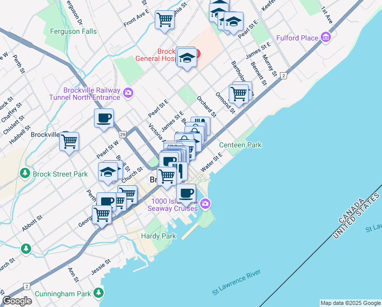map of restaurants, bars, coffee shops, grocery stores, and more near in Brockville