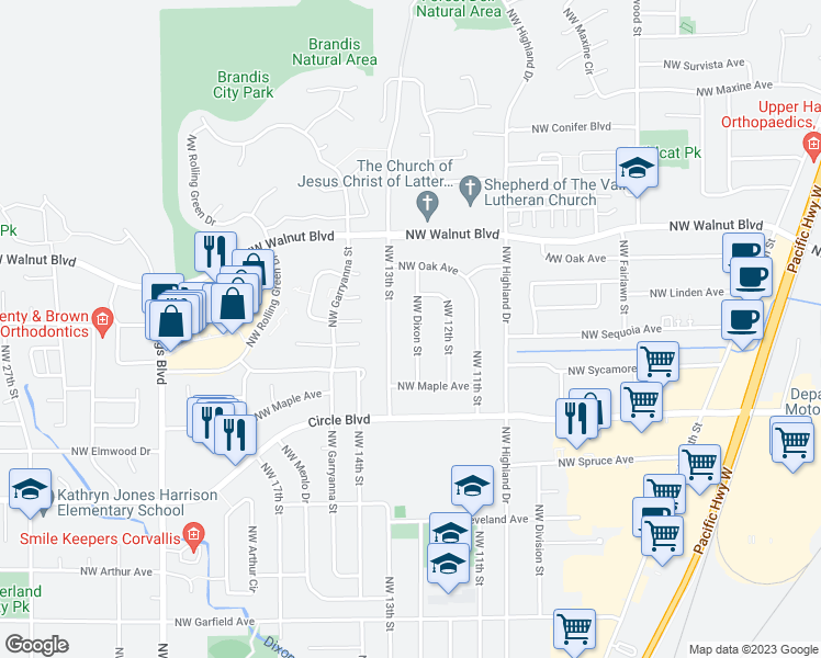 map of restaurants, bars, coffee shops, grocery stores, and more near 2312 Northwest Dixon Street in Corvallis