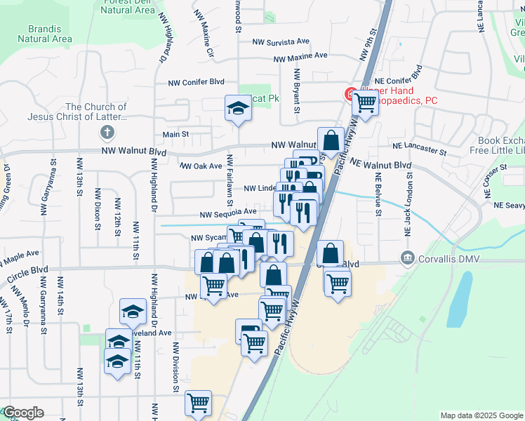 map of restaurants, bars, coffee shops, grocery stores, and more near 928 Northwest Sequoia Avenue in Corvallis