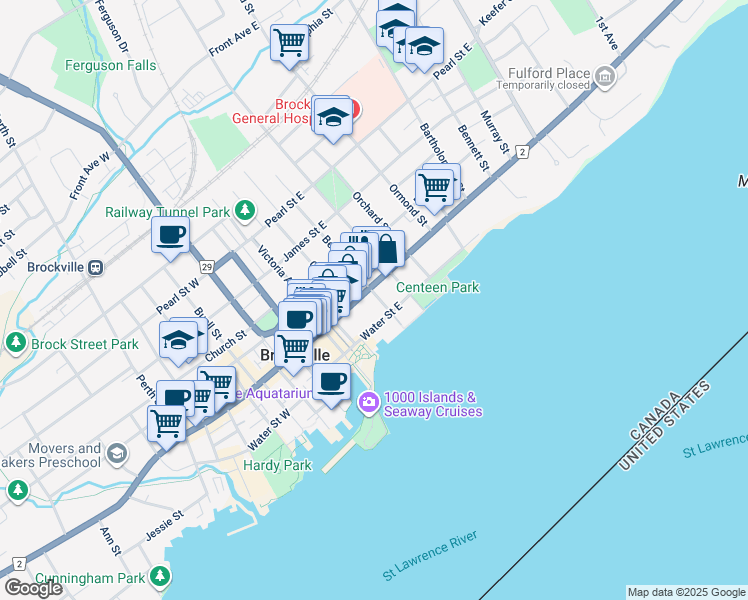 map of restaurants, bars, coffee shops, grocery stores, and more near 20 Water Street East in Brockville