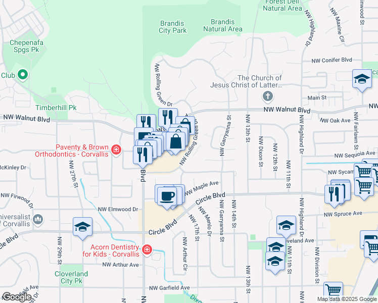 map of restaurants, bars, coffee shops, grocery stores, and more near 1625 Northwest Forestgreen Avenue in Corvallis