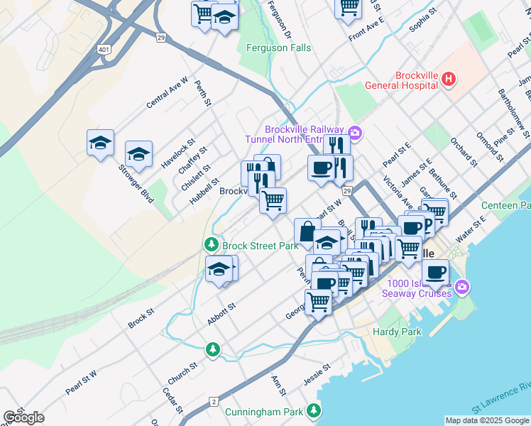 map of restaurants, bars, coffee shops, grocery stores, and more near 128 Perth Street in Brockville
