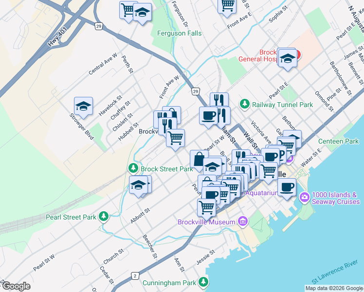 map of restaurants, bars, coffee shops, grocery stores, and more near 110 Brock Street in Brockville