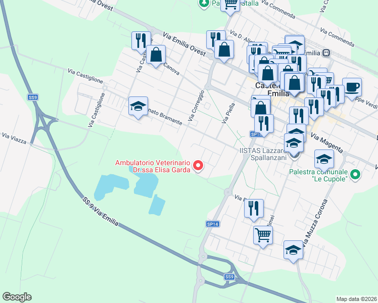 map of restaurants, bars, coffee shops, grocery stores, and more near 7 Via Europa in Castelfranco Emilia