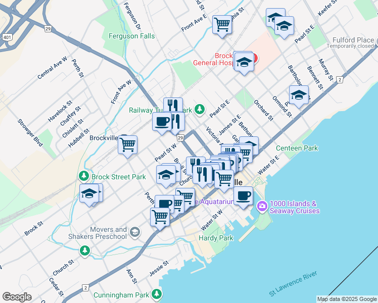 map of restaurants, bars, coffee shops, grocery stores, and more near 32 William Street in Brockville