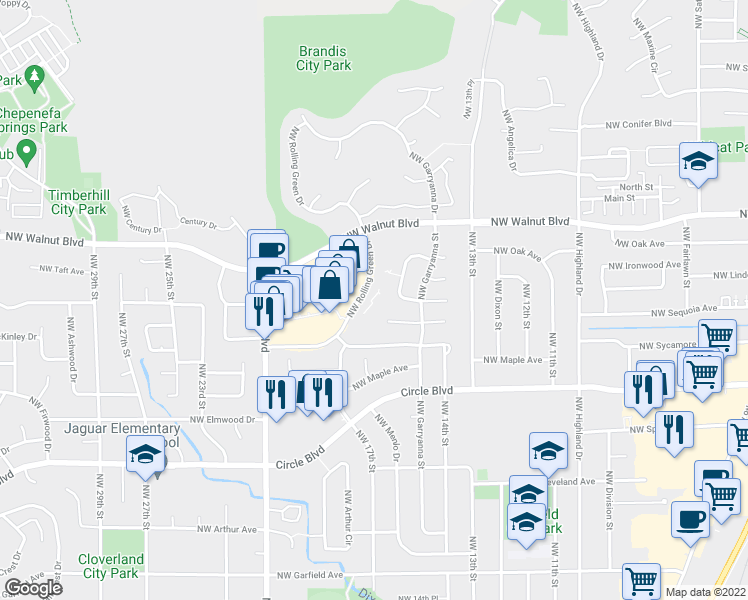 map of restaurants, bars, coffee shops, grocery stores, and more near 2390 Northwest Rolling Green Drive in Corvallis