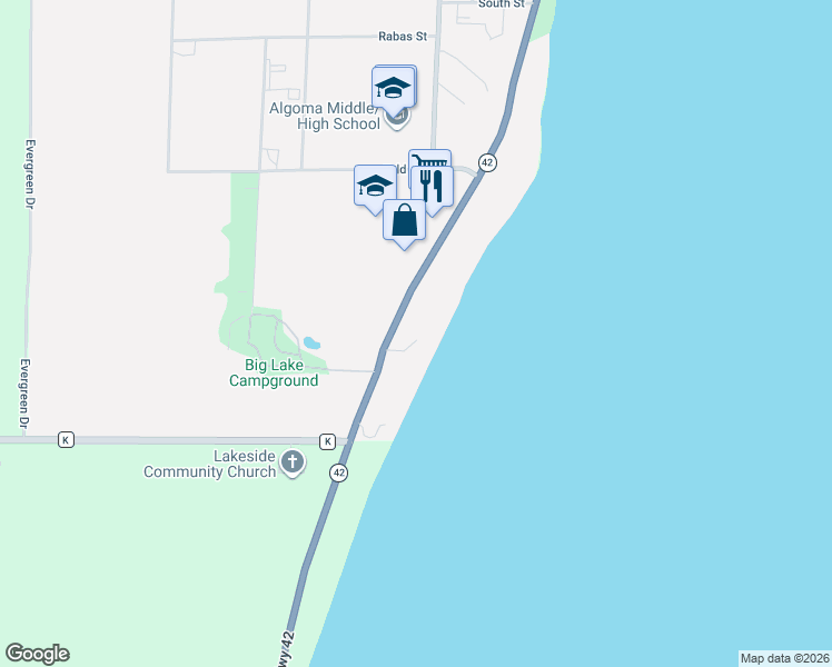map of restaurants, bars, coffee shops, grocery stores, and more near 130 Summit Beach Drive in Algoma