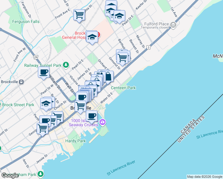 map of restaurants, bars, coffee shops, grocery stores, and more near 6 Park Street in Brockville