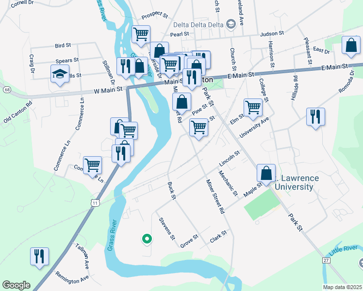 map of restaurants, bars, coffee shops, grocery stores, and more near 6-8 Buck Street in Canton