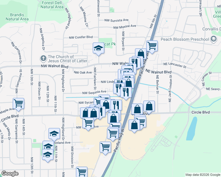 map of restaurants, bars, coffee shops, grocery stores, and more near 592 Northwest Linden Avenue in Corvallis