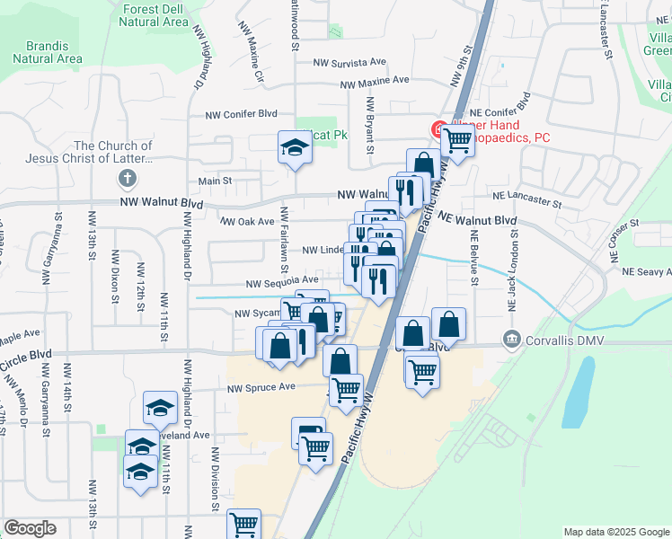 map of restaurants, bars, coffee shops, grocery stores, and more near 592 Northwest Linden Avenue in Corvallis