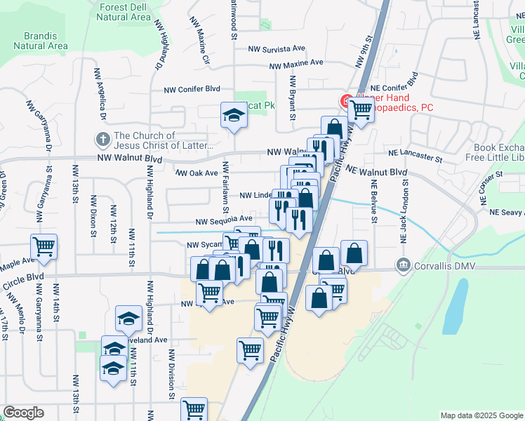 map of restaurants, bars, coffee shops, grocery stores, and more near 592 Northwest Linden Avenue in Corvallis