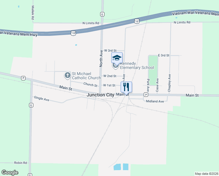 map of restaurants, bars, coffee shops, grocery stores, and more near 640 West 1st Street in Junction City