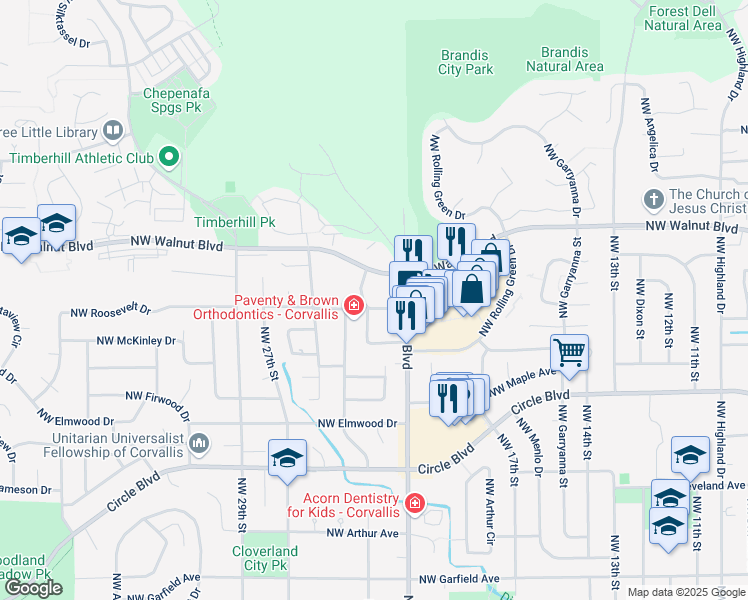 map of restaurants, bars, coffee shops, grocery stores, and more near 2273 Northwest Professional Drive in Corvallis
