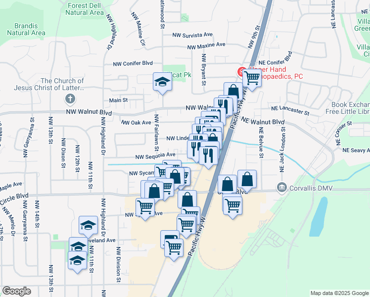map of restaurants, bars, coffee shops, grocery stores, and more near 925 Northwest Sequoia Avenue in Corvallis